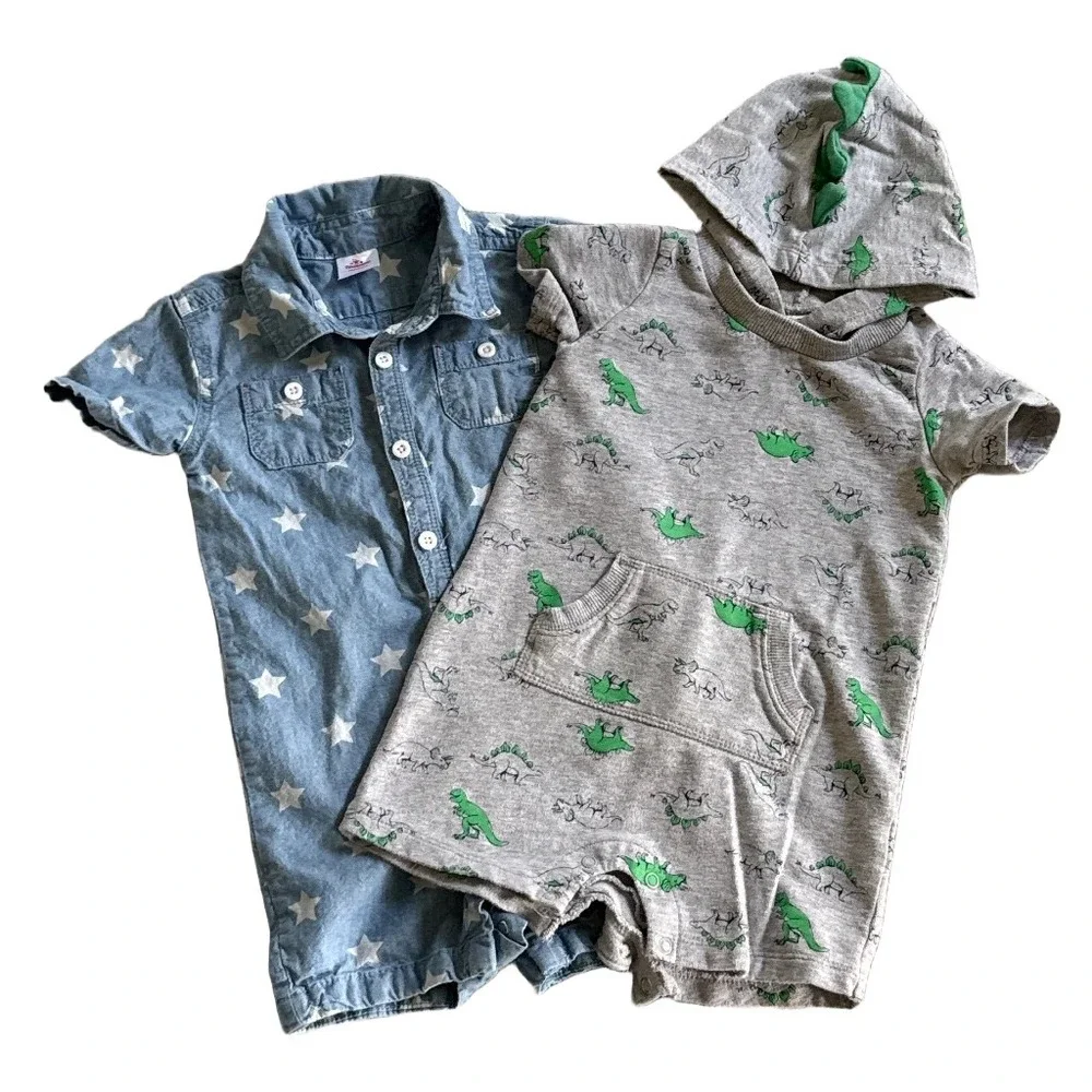 Carter's Dinosaur Hooded Romper & Way to Celebrate Star Denim Romper Lot 18M